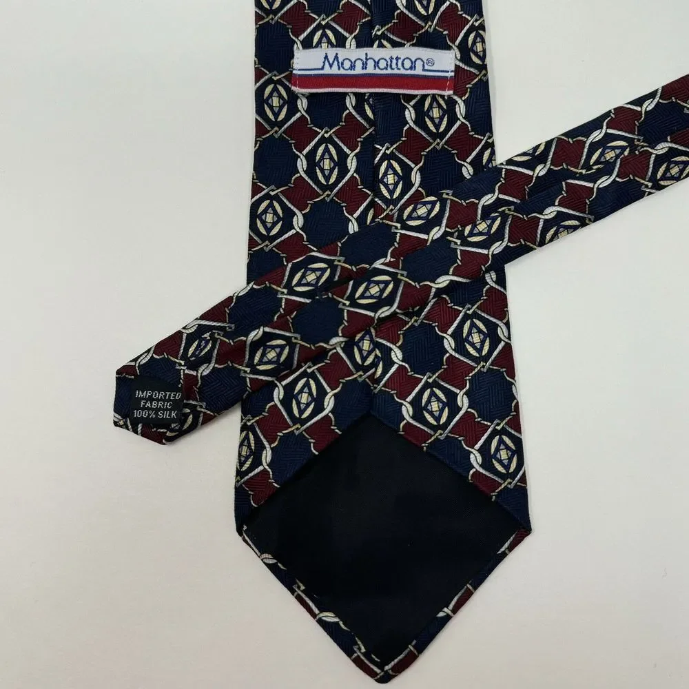 Manhattan Blue Red Yellow‎ Geometric Silk Made In USA Neck Tie L 57
